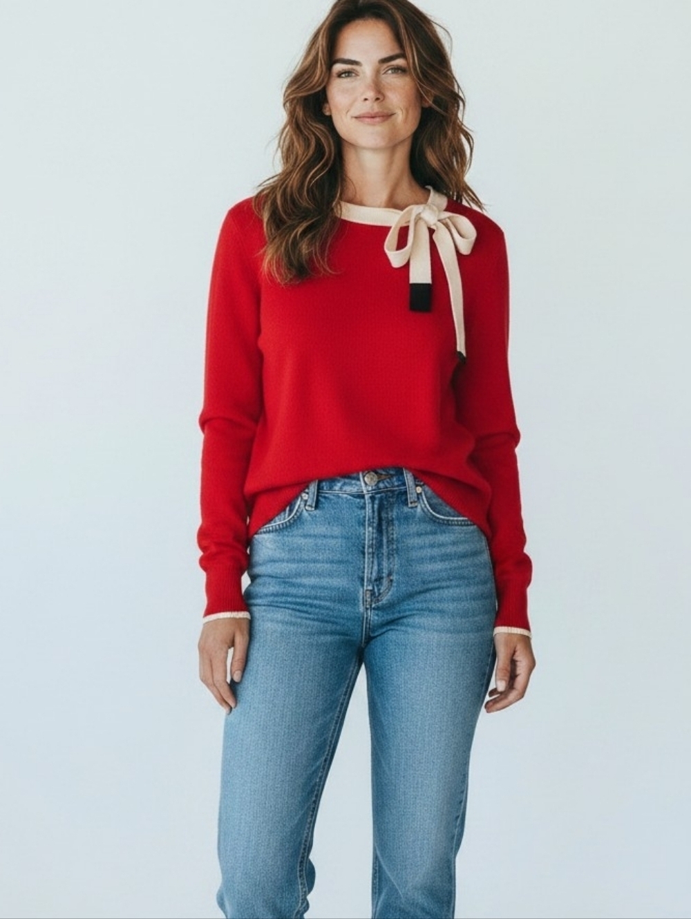 Charter Club 100% Cashmere Red Sweater w Bow Neck Detail Size L